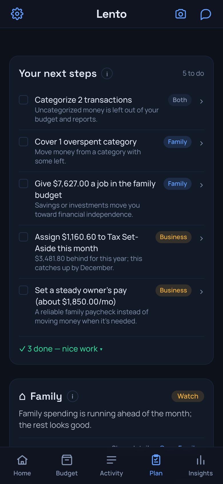 Lento's Plan screen: your next steps, like categorize 2 transactions and cover 1 overspent category.